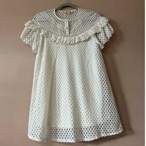 listicle Ivory Textured Woven Halter Neck mini dress Ruffle Sz S Short Sleeve